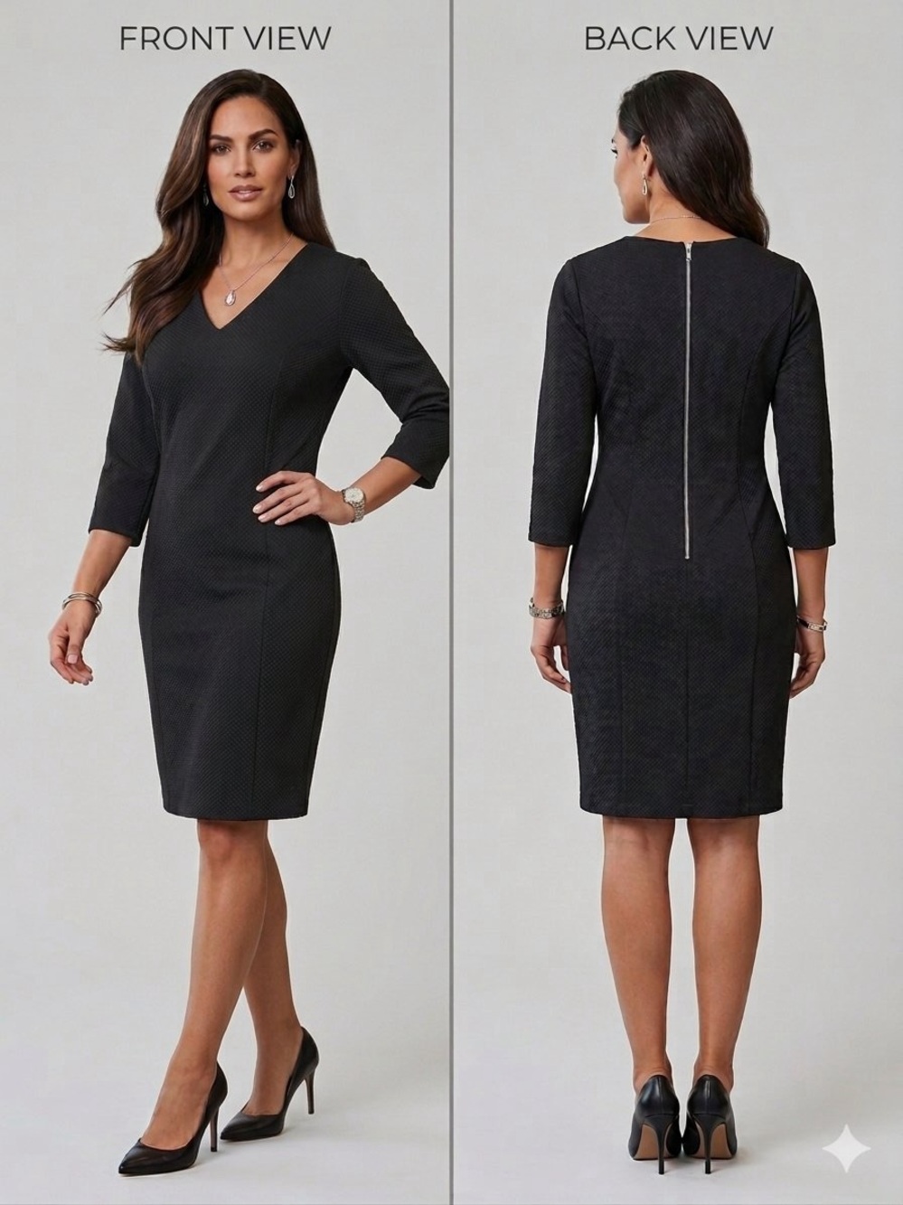 DKNY Black V-Neck Midi Sheath Dress • Back Zip & Textured Fabric • Large • EUC